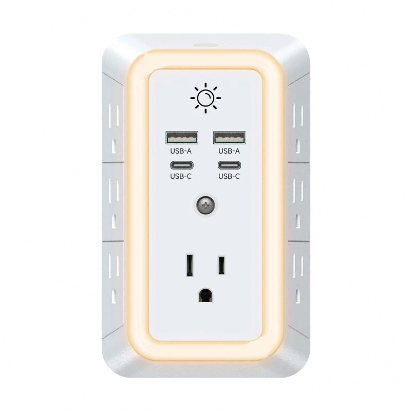 LEDナイトライト付き7コンセントUS電源タップ