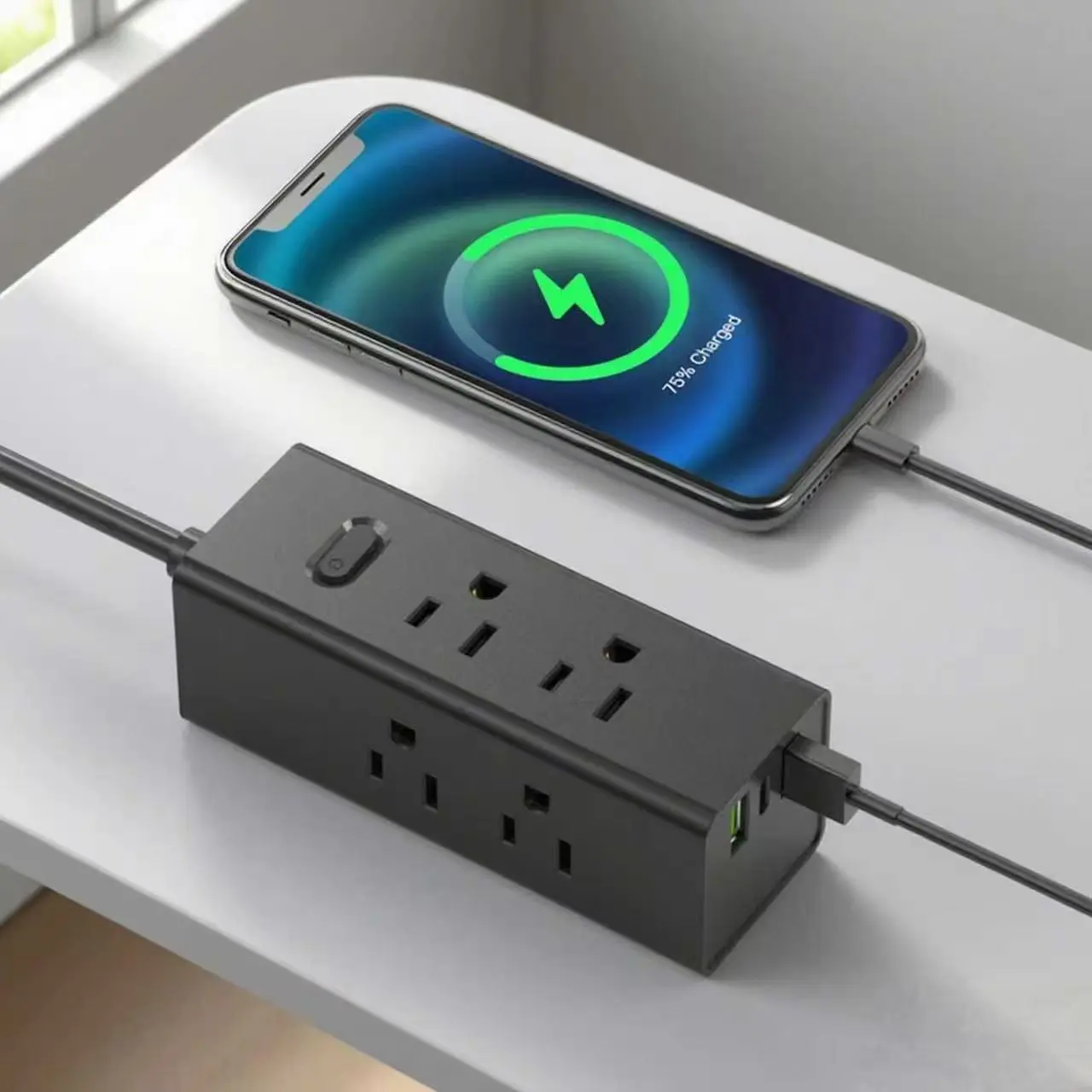 US 電源タップ (USB フラット プラグ延長コード付き) 旅行用電源タップ